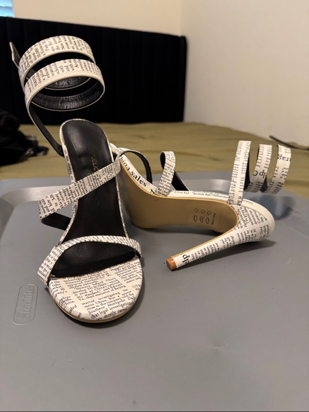 Shoe Republic LA Newspaper-Print Strappy Heels in White and Black - Picture 3 of 5